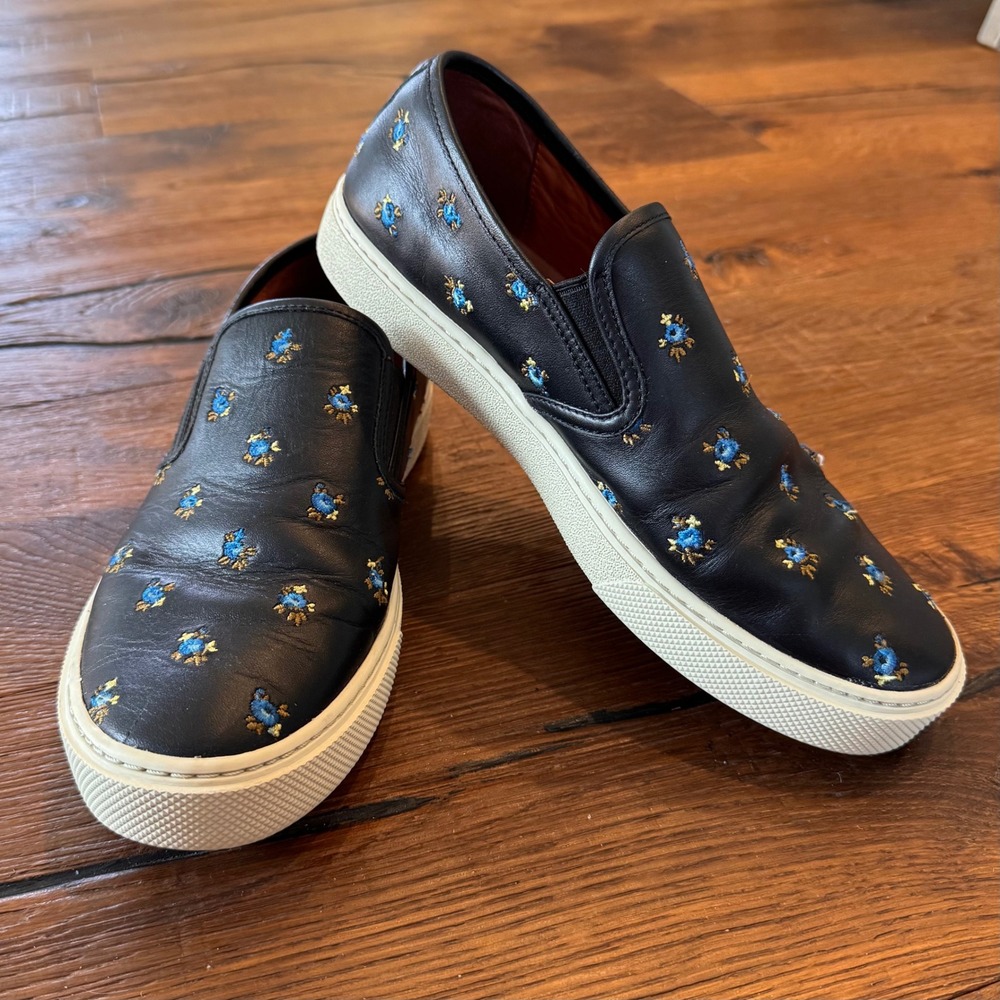 Coach Womens C1387 Black Leather Floral Embroidered Slip On Sneakers Size 10.5 - Picture 2 of 9